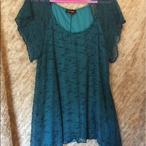 Dark Green Teal Slub Knit Shark Bite Hem Blouse